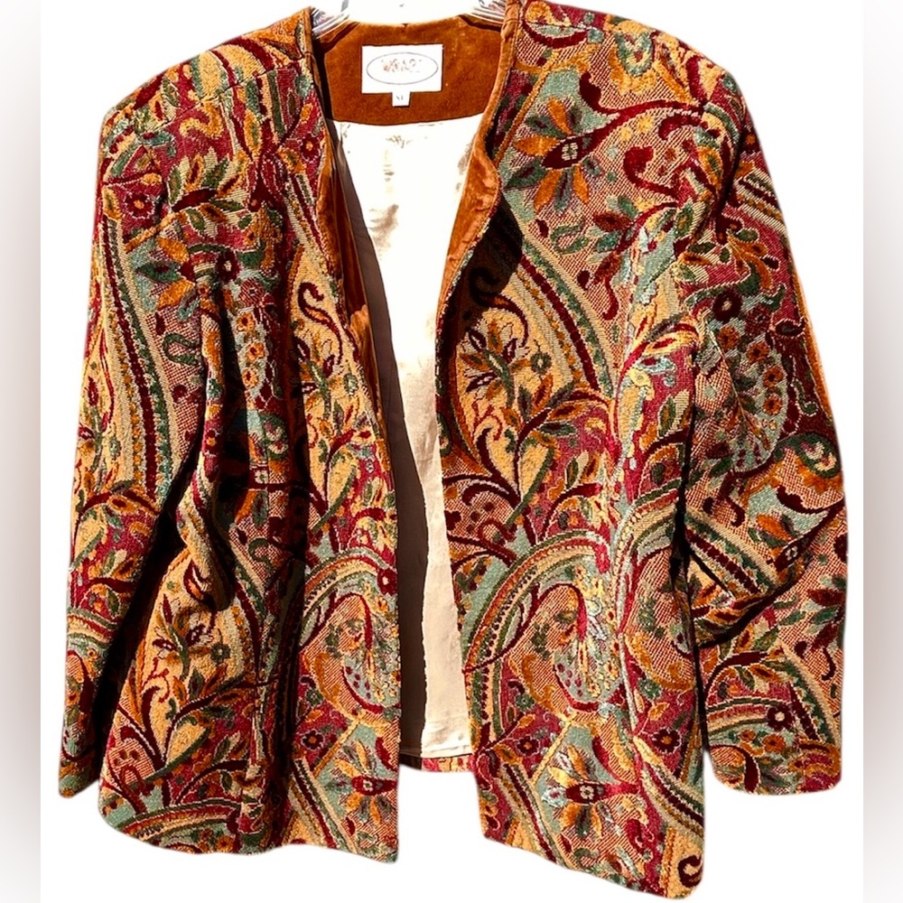 Vintage WRAPS COLLECTION Velour Paisley Tapestry Shoulder Pads Jacket Size XL